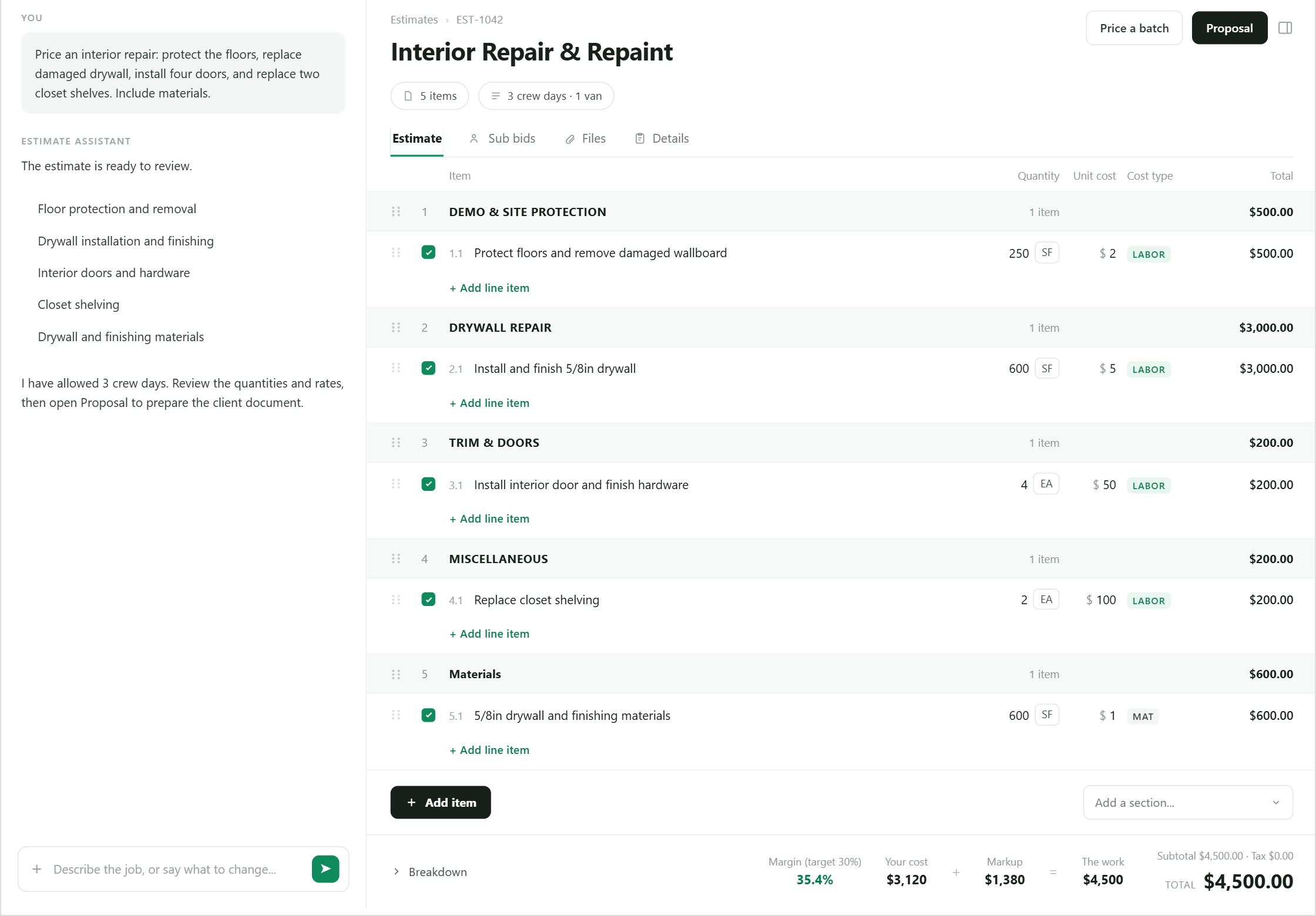 BidPilot estimate workspace with editable scope, quantities, rates, and totals
