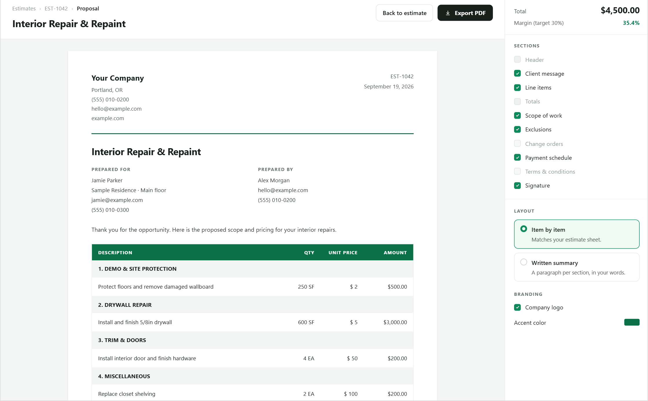 BidPilot proposal editor with a branded client proposal preview
